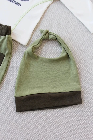 LitaeTrend 3-6 6-9 9-12 Ay Gentleman Erkek Nakışlı Şapkalı Uzun Kollu Sweat 3lü Erkek Bebek Takımı Yeşil - Resim 4