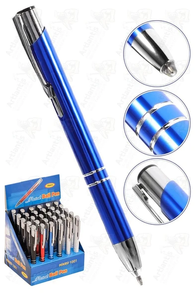 Kısa Boylu Metal Tükenmez Kalem 1 Adet Mavi Renkli Cep Kalemi Tükenmez Basmalı Mikro 1001 Mekanizmalı Tükenmez - Resim 4