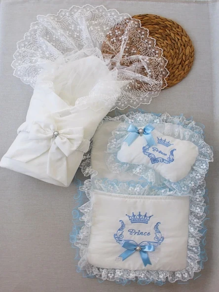 LitaeTrend Yenidoğan Nil Taç Nakışlı Kundaklı Trilüks 3lü Alt Açma Seti Mavi ürün görseli 1