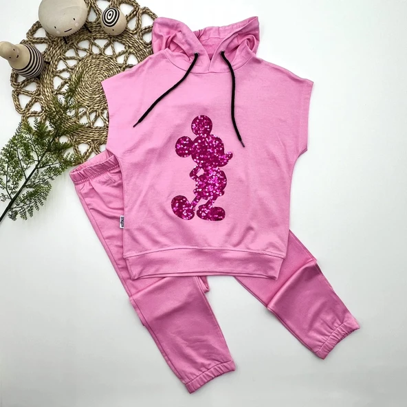 LitaeTrend 3-4-5 Yaş Kapşonlu Payetli Mickey Desenli Kısa Kol 2li Kız Erkek Çocuk Takımı Pembe ürün görseli 1