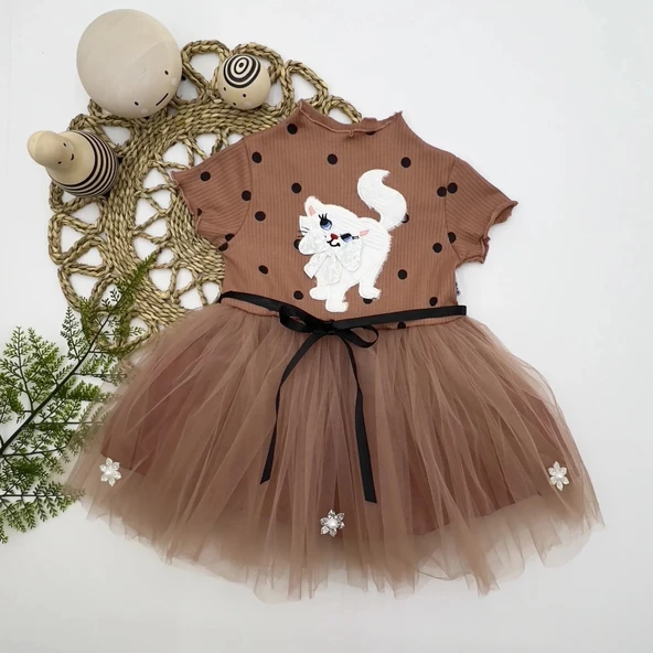 LitaeTrend 1-2-3 Yaş Payetli Kedicik Baskılı Puantiyeli Kız Bebek Elbisesi Kahverengi ürün görseli 1