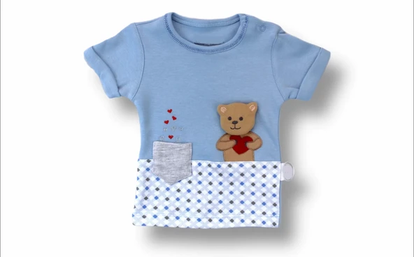 LitaeTrend 3-6 6-9 9-12 12-18 Ay Romantik Ayıcık Nakışlı Bandajlı Kısa Kollu Sweatli 3lü Kız-erkek Bebek Takımı Mavi - Resim 2