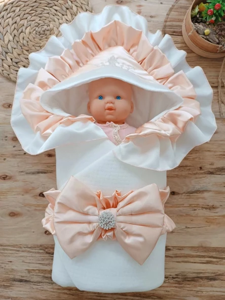 LitaeTrend Yenidoğan Mehtap Lüks Kelebek Taç Nakışlı Bebek Battaniyesi Kundak Pudra - Resim 2