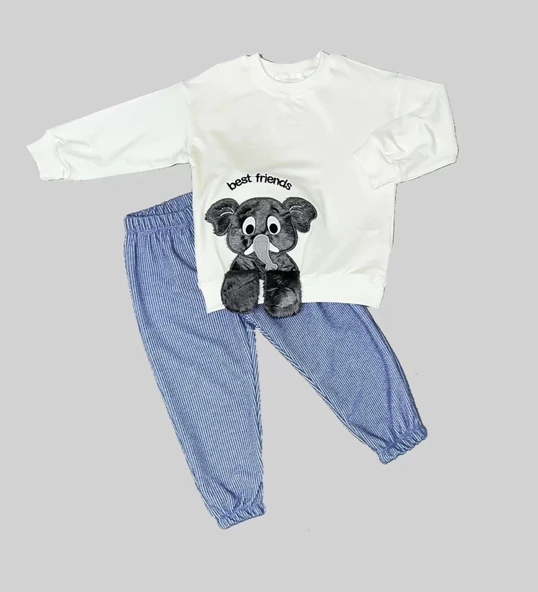 LitaeTrend 1-2-3 Yaş Filli Sallanan Ayak Desenli Likra Penye Kumaş Sweat Pantolonlu Kız Erkek 2li Çocuk Takımı Beyaz ürün görseli 1