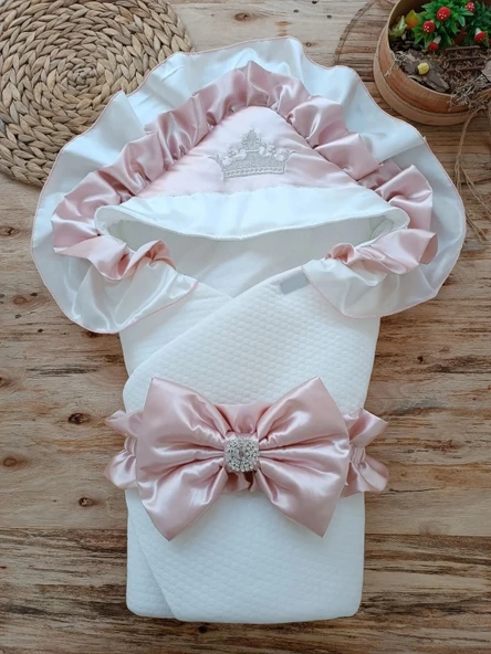 LitaeTrend Yenidoğan Mehtap Lüks Kelebek Taç Nakışlı Bebek Battaniyesi Kundak Gül Kurusu ürün görseli 1