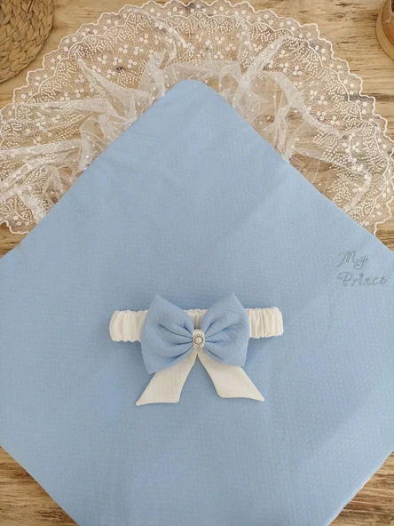 LitaeTrend Bal Peteği My Prince Taç Nakışlı İnci Fiyonklu Dantel Duvaklı Delüks Kundak Bebek Battaniyesi Mavi - Resim 5