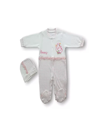 LitaeTrend 0-3 3-6 6-9 Ay Kraliçe Kuğu Nakışlı Şapkalı Kız Bebek Tulumu Ekru ürün görseli 1