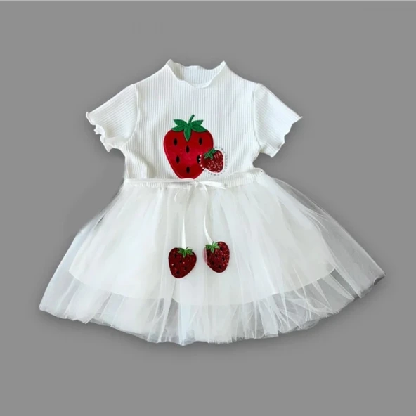LitaeTrend 1-2-3 Yaş Payetli Çilek Baskılı Çilek Kuşaklı Kız Bebek Elbisesi Beyaz ürün görseli 1
