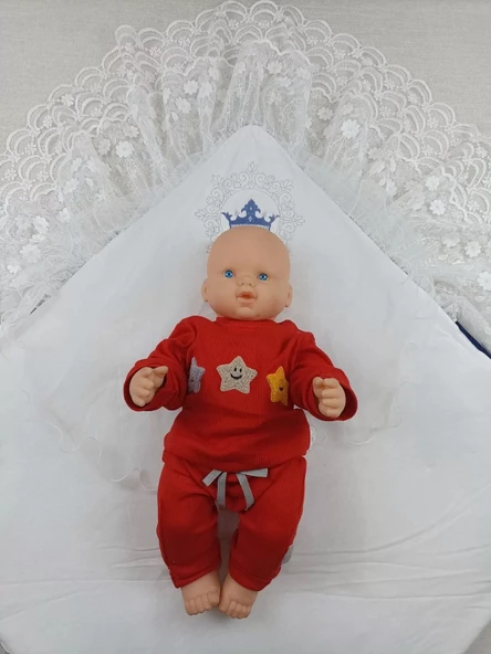 LitaeTrend Yenidoğan Saray Kadife Taç Nakışlı İnci Fiyonklu Çift Dantel Duvak Trilüks Kundak Bebek Battaniyesi Lacivert - Resim 5