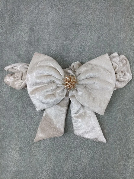 LitaeTrend Yenidoğan Saray Kadife Taç Nakışlı İnci Fiyonklu Çift Dantel Duvak Trilüks Kundak Bebek Battaniyesi Vizon-ekr - Resim 5