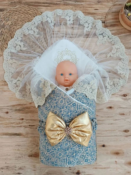 LitaeTrend Yenidoğan Kabartma Desenli Gold Fiyonklu Güpürlü Bebek Battaniyesi Kundak Gold - Resim 3