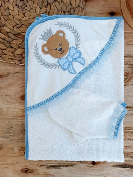 LitaeTrend 0-1 Yaş Bear Nakışlı El Keseli 2li Erkek Bebek Havlu Takımı Mavi ürün görseli