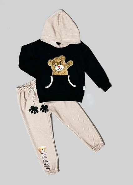 LitaeTrend 2-3-4 Yaş Pelüş Ayı Desenli Kapşonlu Uzun Kollu Penye Sweat 2li Erkek Çocuk Takımı Siyah ürün görseli 1