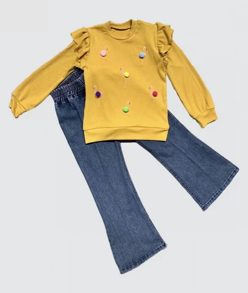 LitaeTrend 4-5-6 Yaş Kot Pantolonlu Flamingo Desenli Penye Sweat Uzun Kollu 2li Kız Çocuk Takımı Hardal ürün görseli 1