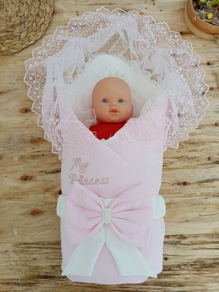 LitaeTrend Bal Peteği My Princess Taç Nakış İnci Fiyonklu Dantel Duvaklı Delüks Kundak Bebek Battaniyesi Pembe - Resim 2