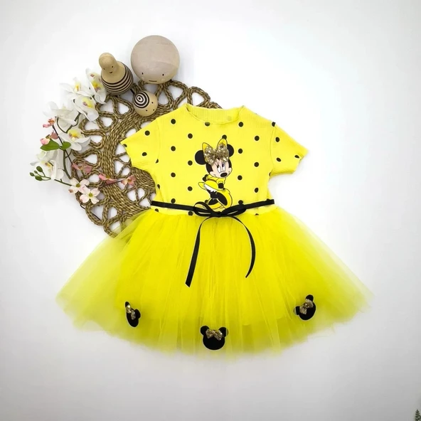 LitaeTrend 2-3-4 Yaş Puantiyeli Mickey Baskılı Kurdela Kuşaklı Astarlı Kız Bebek Tütü Elbisesi Sarı ürün görseli 1