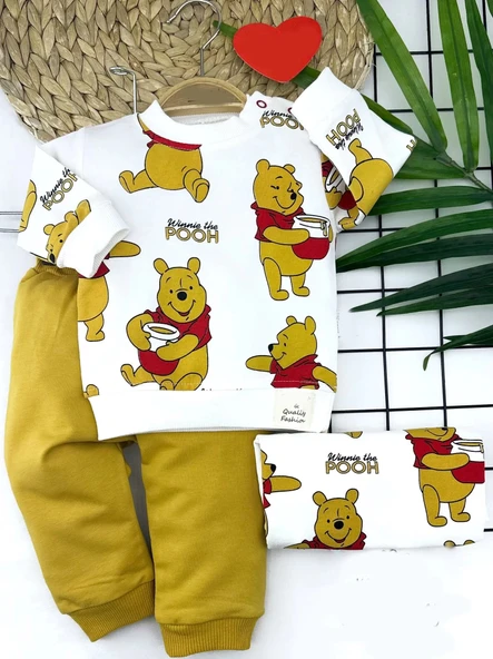 LitaeTrend 9-12-18-24 Ay Pooh Baskılı Yaka Çıtçıtlı Uzun Kollu Sweatli 2li Kız Erkek Bebek Takımı Sarı ürün görseli 1