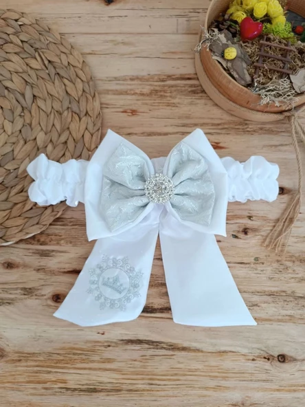 LitaeTrend Yenidoğan Titi Taç Nakışlı Plazma Taşlı Güpürlü Çift Fiyonk Duvaklı Trilüks Kundak Bebek Battaniyesi Gümüş - Resim 4