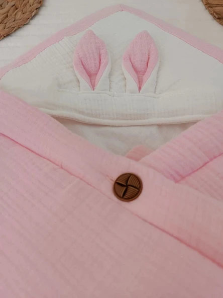 LitaeTrend Yenidoğan 4 Kat Müslin Kumaş Kulaklı Patili Fiyonk Bebek Battaniyesi Kundak Pembe - Resim 3