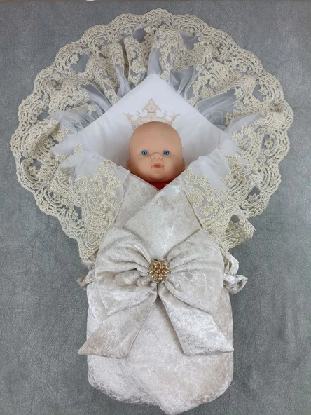 LitaeTrend Yenidoğan Saray Kadife Taç Nakışlı İnci Fiyonklu Çift Dantel Duvak Trilüks Kundak Bebek Battaniyesi Vizon-gol - Resim 2