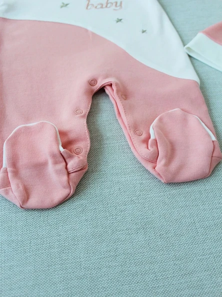 LitaeTrend 0-3 3-6 Ay Lucky Turk Nakışlı Es Çizgi Boy Şapkalı Kız Bebek Tulumu Pudra - Resim 3