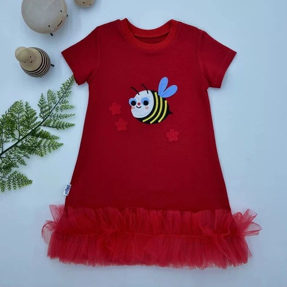 LitaeTrend 1-2-3 Yaş Arıcık Nakışlı Eteği Fırfırlı Jile Kız Çocuk Elbisesi Kırmızı ürün görseli 1