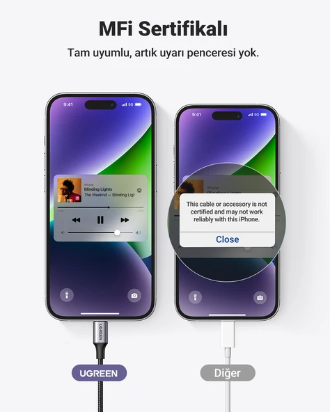 UGREEN Mfi Sertifikalı Lightning to 3.5mm Örgülü Ses Kablosu, 1 Metre, Siyah, 70509 - Resim 3