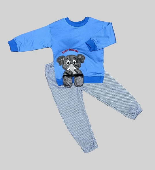 LitaeTrend 1-2-3 Yaş Filli Sallanan Ayak Desenli Likra Penye Kumaş Sweat Pantolonlu Kız Erkek 2li Çocuk Takımı İndigo ürün görseli 1