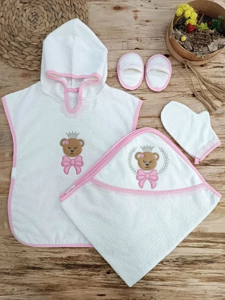 LitaeTrend 0-1 Yaş Bear Nakışlı Pareolu 4lü Kız Bebek Havlu Silgi Takımı Pembe ürün görseli