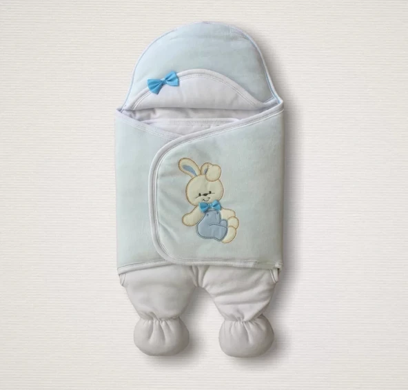 LitaeTrend Yenidoğan Kadife Kumaş Ayıcık Nakışlı Şapkalı Kız Erkek Bebek Ayaklı Kundak Bebek Battaniyesi Mavi ürün görseli 1