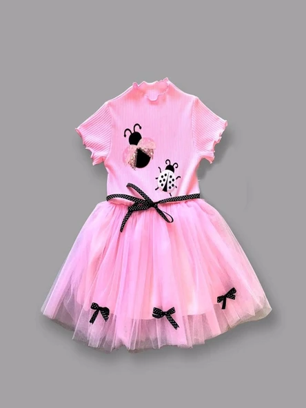 LitaeTrend 1-2-3 Yaş Uğur Böceği Nakışlı Kurdela Kuşak Kız Çocuk Elbisesi Pembe ürün görseli 1