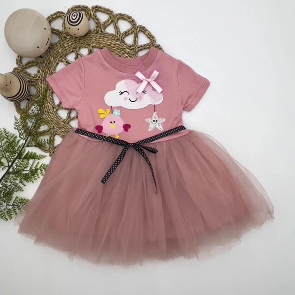 LitaeTrend 1-2-3 Yaş Tül Tokalı Bulut Civciv Ve Yıldız Nakışlı Kız Bebek Elbisesi Gül Kurusu ürün görseli 1