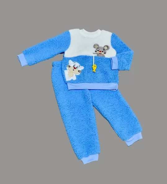 LitaeTrend 1-2-3 Yaş Sallanan Balık Nakışlı Kuzu Kumaş Sweat Pantolon Uzun Kollu Kız Erkek 2 Li Takımı Saks Mavisi ürün görseli