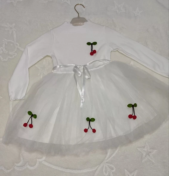 LitaeTrend 5-6-7 Yaş Kiraz Desenli Kurdela Kuşaklı Astarlı Uzun Kollu Kız Çocuk Tütü Elbise Beyaz - Resim 2