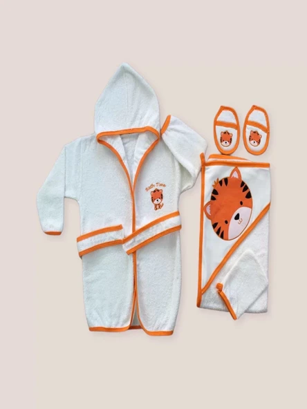 LitaeTrend 0-6 Ay Kaplan Nakışlı Bornozlu 5li Erkek Bebek Havlu Silgi Takımı Turuncu ürün görseli 1