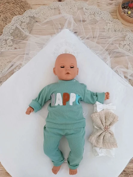 LitaeTrend Yenidoğan Teri Cotton Taç Nakışlı Prizma Taş Kundak Bebek Battaniyesi Bej - Resim 4