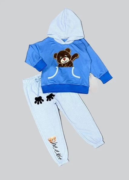 LitaeTrend 2-3-4 Yaş Pelüş Ayı Desenli Kapşonlu Uzun Kollu Penye Sweat 2li Erkek Çocuk Takımı İndigo ürün görseli 1