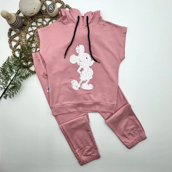 LitaeTrend 3-4-5 Yaş Kapşonlu Payetli Mickey Desenli Kısa Kol 2li Kız Erkek Çocuk Takımı Gül Kurusu ürün görseli 1