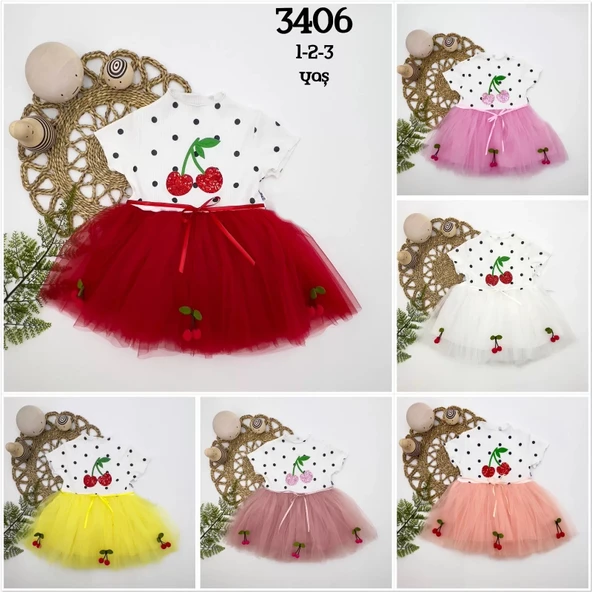 LitaeTrend 1-2-3 Yaş Payetli Kiraz Nakışlı Kiraz Etekli Kız Bebek Tütü Elbisesi Pudra - Resim 3