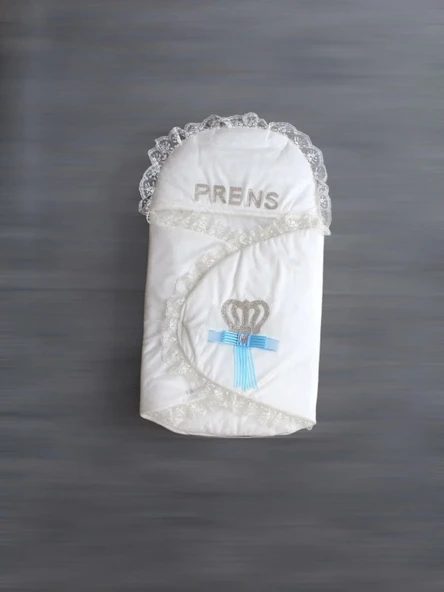 LitaeTrend Yenidoğan Kral Taç Nakışlı Kundak Erkek Bebek Battaniyesi Ekru ürün görseli 1