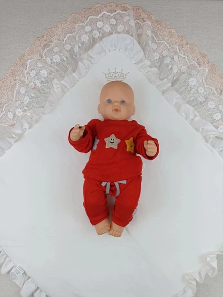 LitaeTrend Yenidoğan Sahra Taç Nakışlı Trilüks Kundak Bebek Battaniyesi Ekru - Resim 2