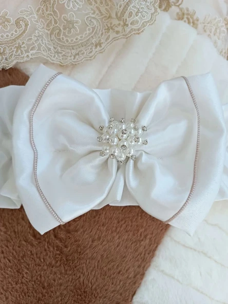 LitaeTrend Yenidoğan Wool Yün Kumaş Taç Nakışlı Güpür Duvaklı Fiyonk Prizma Taş Unisex Kundak Bebek Battaniyesi Kahveren - Resim 6