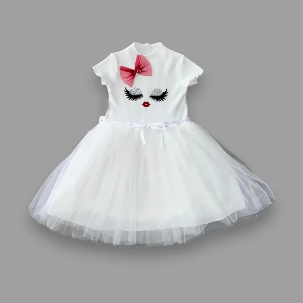 LitaeTrend 5-6-7 Yaş Payetli Süslü Yüz Baskılı Kız Çocuk Elbisesi Beyaz ürün görseli 1