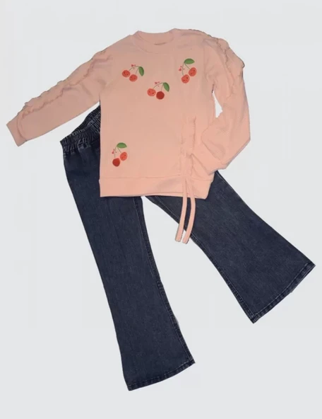 LitaeTrend 4-5-6 Yaş Kot Pantolonlu Kiraz Desenli Penye Sweat Uzun Kollu 2li Kız Çocuk Takımı Pudra ürün görseli 1