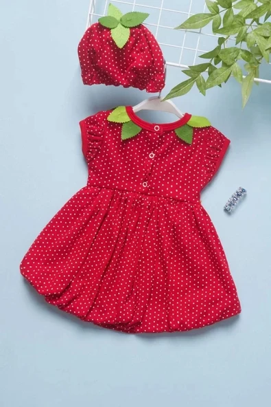LitaeTrend 3-6-9 Ay Çilek Bebekler Penye Kumaş Kısa Kol Bebek Elbisesi Kırmızı - Resim 3