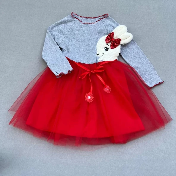 LitaeTrend 5-6-7 Yaş Pelüş Tavşan Desenli Kurdela Kuşaklı Astarlı Kız Çocuk Tütü Elbise Kırmızı ürün görseli 1