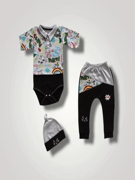 LitaeTrend 6-9 12-18 18-24 Ay Power Kedi Nakışlı Uzun Kollu Zıbınlı Şapkalı 3lü Kız Erkek Bebek Takımı Siyah ürün görseli 1