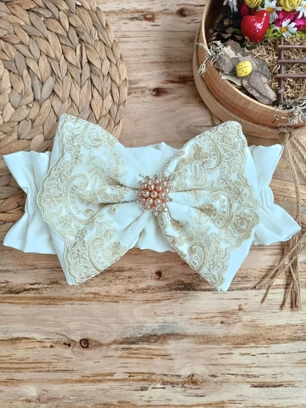 LitaeTrend Yenidoğan Kuzulu Taç Nakış Güpürlü Fiyonklu Duvaklı Prizma Taş Unisex Kundak Bebek Battaniyesi Ekru - Resim 6