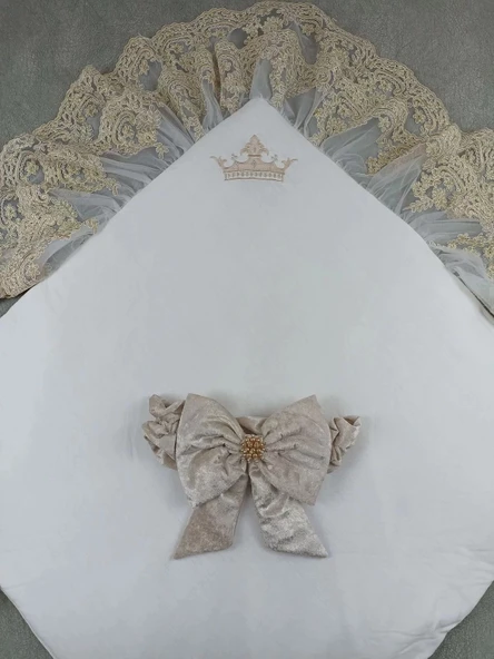 LitaeTrend Yenidoğan Saray Kadife Taç Nakışlı İnci Fiyonklu Çift Dantel Duvak Trilüks Kundak Bebek Battaniyesi Vizon-gol - Resim 3