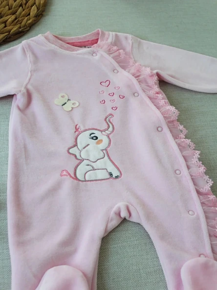LitaeTrend 3-6 6-9 9-12 Ay Romantik Fil Nakışlı Pembe Süslü Kız Bebek Tulumu Pembe - Resim 3